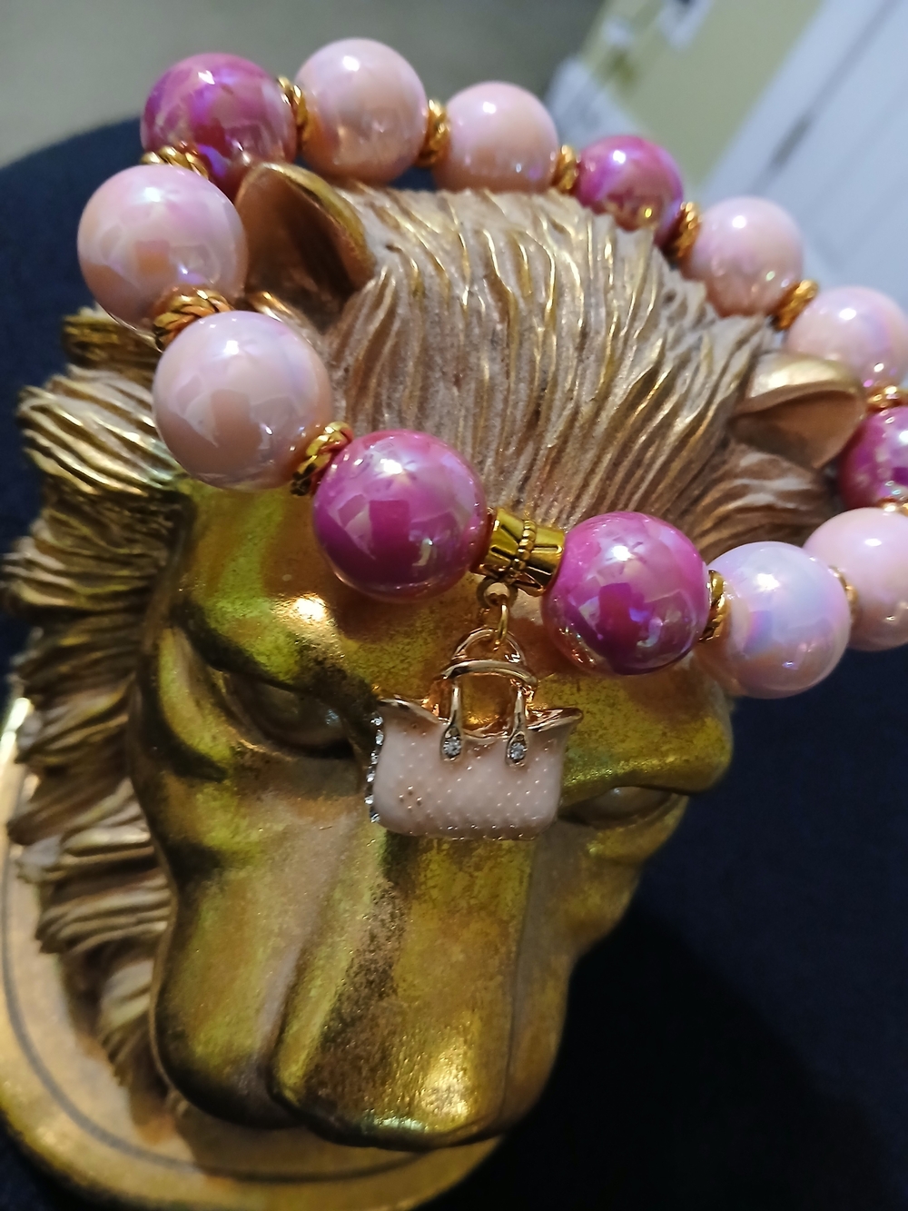 Pink Marble Beaded Bracelet with Gold-Tone Mini Bag Charm